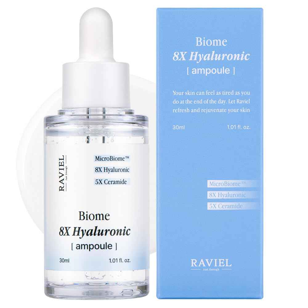 RAVIEL Biome 8X Hyaluronic Ampoule – Intensive Hydration & Pore Care Serum with 5X Ceramide for Dehydrated, Sensitive Skin, Korean Skincare, 30ml 1.01 fl oz