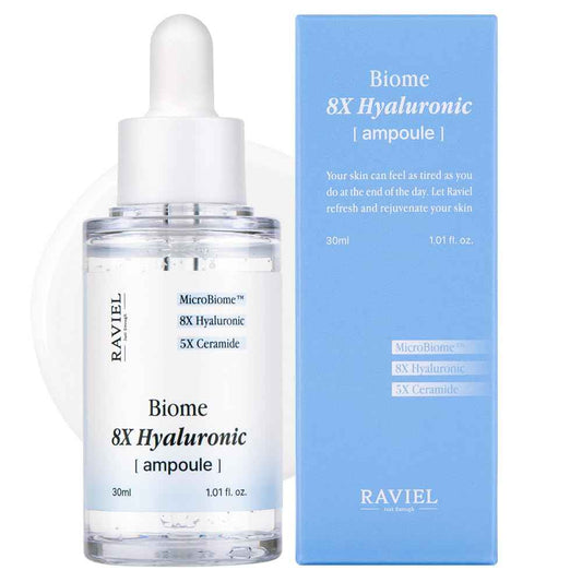 RAVIEL Biome 8X Hyaluronic Ampoule – Intensive Hydration & Pore Care Serum with 5X Ceramide for Dehydrated, Sensitive Skin, Korean Skincare, 30ml 1.01 fl oz