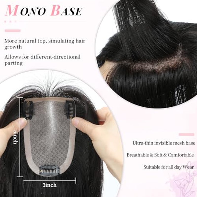 Fine Plus 14Inch Hair Toppers for Women Real Human Hair ? Mono Base 3"x5", Natural Black Virgin Quality, for Thinning Crown & Wide Parting, Lightweight & Breathable, Add Volume Can Be Curled