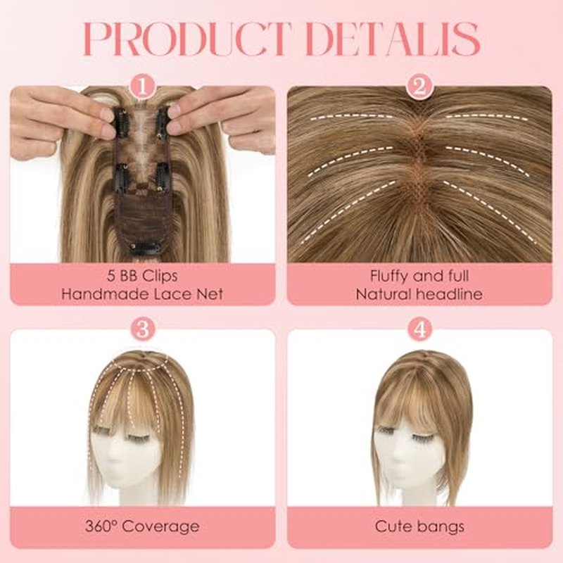 S-noilite Hair Toppers for Women with Bangs Real Human Hair 360¡Æ 3D Cover Clip in Bangs 2X6 Coverage Clip in Hairpiece for Women with Thinning Hairline 14Inch (Medium Brown/Dark Blonde)