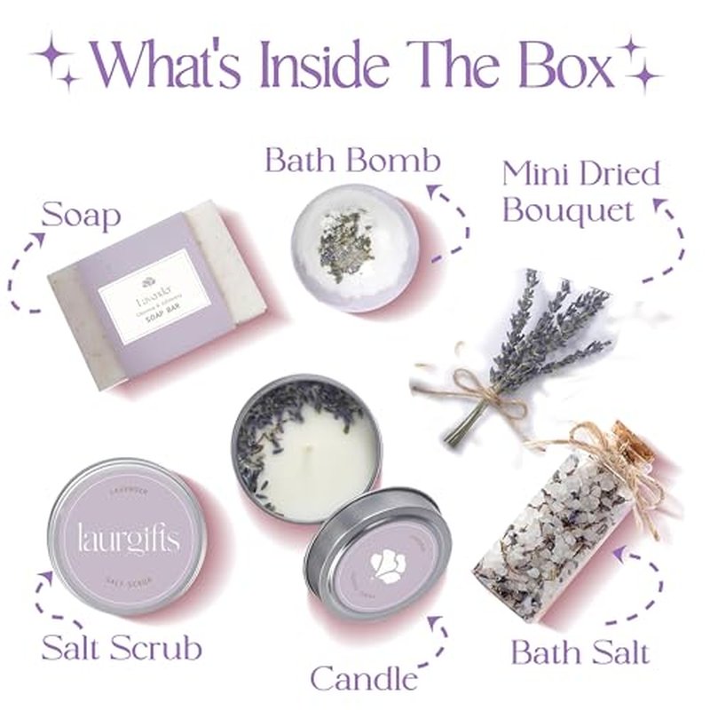 Lavender Small Spa Gift Box for Women ? Relaxing Self Care Set with Candle, Bath Bomb, Soap & Scrub ? Birthday, Thank You, Christmas, Housewarming, Bridal Shower, Get Well Soon Gift Basket for Her