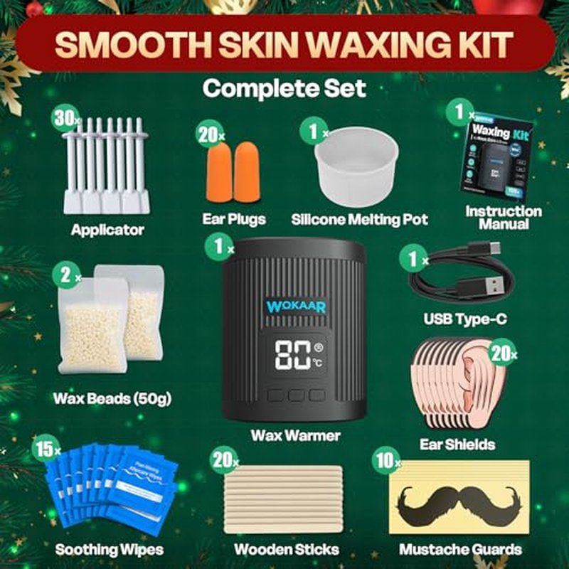 Nose Wax Kit for Eyebrow and Ear Hair | 100gWax, 50 Face Waxing Sticks | Fast-Heating USB Wax Warmer | Hair Removal Kit for Men & Women | 15 Pre/Post Wipes, Ear and Mustache Guards & Earplug