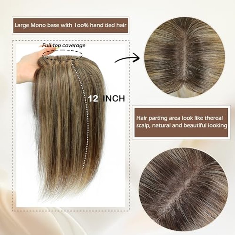 Hair Toppers with Thinning Hair 100% Real Human Topper for Women 12 inch Medium Brown Mix blonde Hairpieces for Women 120% Density top toppers Hairpieces for Thinninghair#427
