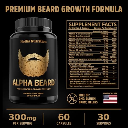 ALPHA BEARD Growth Vitamins | Biotin 10K MCG, Collagen, Keratin, Hyaluronic Acid, B-Complex, MSM | Beard DHT Blocker | Beard and Hair Growth Supplement for Men | Regrow Stronger, Healthier Facial Hair