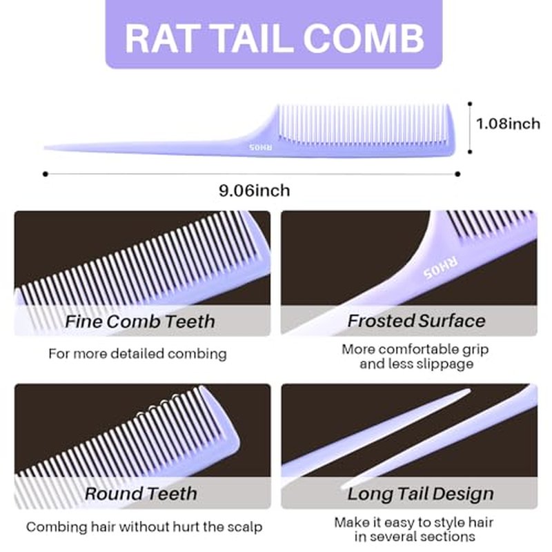 RHOS Rat Tail Comb for Parting, Fine Tooth Teasing Comb with Pick, 2 Pack Hair Styling Combs Set for Women and Men, Pink & Purple, Plastic, Unisex