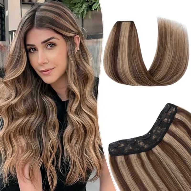 One Pieces Clip in Hair Extensions Human Hair Upgraded V-Shaped 5 Clips in Hair Extensions Human Hair Long Hairpiece For Women,18 Inch,#4P27 Medium Brown mixed Dark Blonde,70g