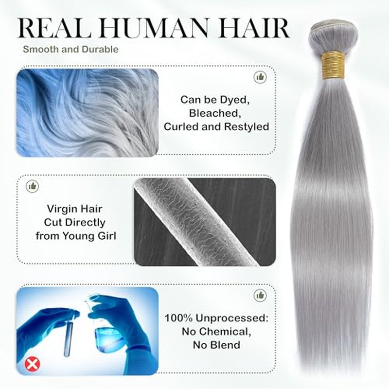 Grey Color Straight Bundles Human Hair, Short 12A 100% Unprocessed Virgin Remy Bundles Lavender Silver Gray Human Hair Soft and Thick Sew In Quick Weave 10 12 14 Inch for Women