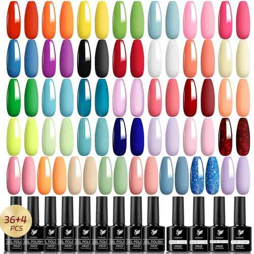 phoenixy Gel Nail Polish, 40 PCS Nail Polish Set 36 Colors UV Gel Nail Polish Set Red Green Glitter with 4 Pcs Base Matte Glossy Top Coat Nail Kit Gift for Women (PCE9007)