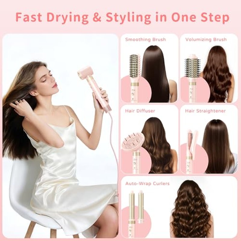 Hair Dryer Brush 8-in-1 Dual Voltage Hot Air Styler ? Fast-Drying 110,000 RPM Ionic Blow Dryer with Straightener & Curler Attachments, Frizz-Free Volumizing Styler with Protective Hard Case-Pink