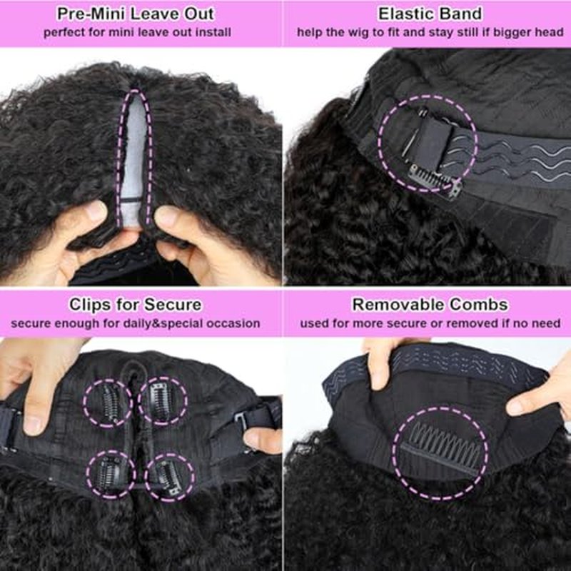 V Part Wig Human Hair for Women Burmese Spiral Curly Glueless Clip-In Wig 200% Density No Leave Out No Gel No Lace V Shape Clip Beginner Ready to Go Wig Natural Black Color 16 Inch