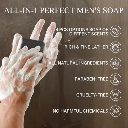 SHVYOG Mens Soap, 4 Pack Mens Bar Soap, Gift for Men Natural Cold Pressed Handmade Exfoliating Soap, Deep Cleansing, Moisturizing Bar Soap, Sandalwood Amber, Mint, Charcoal, Turmeric - 150G*4