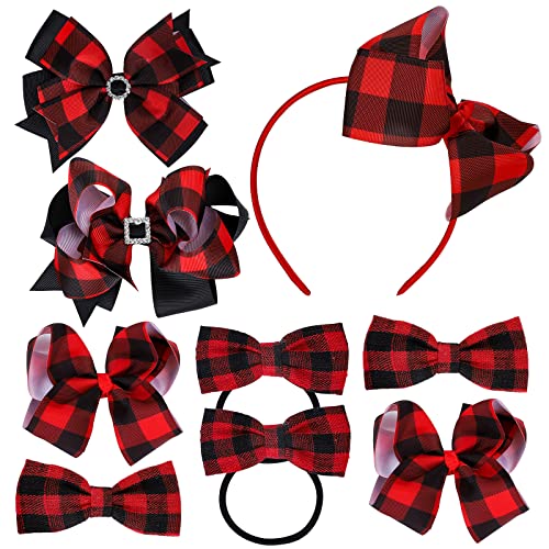 Whaline 9Pcs Christmas Buffalo Plaid Hair Bow Accessories Include Red Black Checkered Ribbon Hair Clips, Headband and Hair Scrunchies Christmas Barrette Ties for Girl Woman Teen Xmas Party Hair Gifts