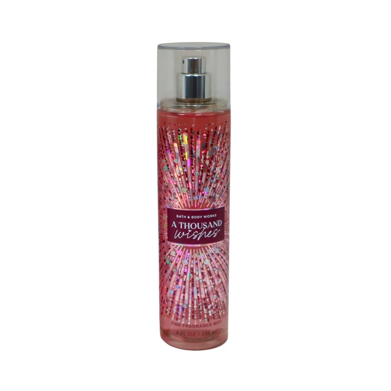 Bath & Body Works A Thousand Wishes Fine Fragrance Body Mist 8 oz & A Thousand Wishes Fine Fragrance Shimmer Body Mist 4.9 oz Gift Set packaging with a Red bow