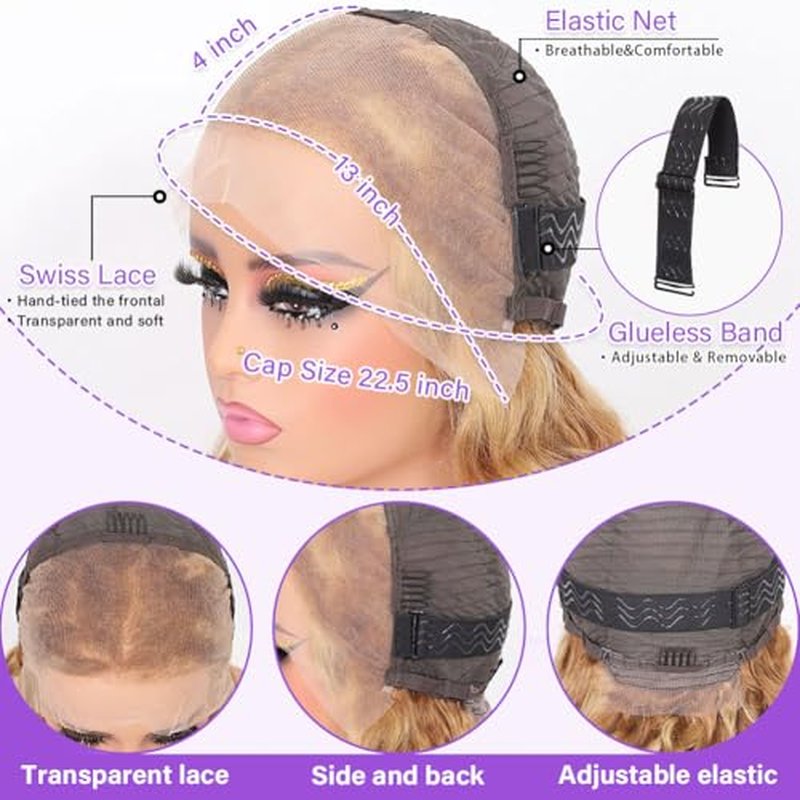 Hihmarm 13x4 HD Body Wave Highlight Ombre Lace Frontal Wigs Human Hair Pre Plucked 18 Inch Honey Blonde Lace Front Wig Human Hair 180% Density 4/27 Glueless Wigs Human Hair For Black Women