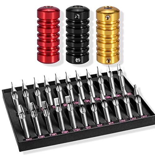 SOTICA Traditional Tattoo Tips and Grips,3Pcs Aluminum Grips Tubes and 22 PCS Tips Stainless steel Tips and Grips Round Diamond Magnum RT DT FT Nozzle Tips for Tattoo Suuplies