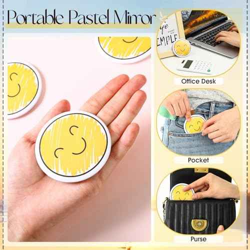 Geetery 30 Pcs Inspirational Smile Face Compact Mirrors Bulk Mini Pocket Mirrors Emoticon Gifts for Students Party Favors Yellow Portable Birthday Wedding Shower Party Supplies