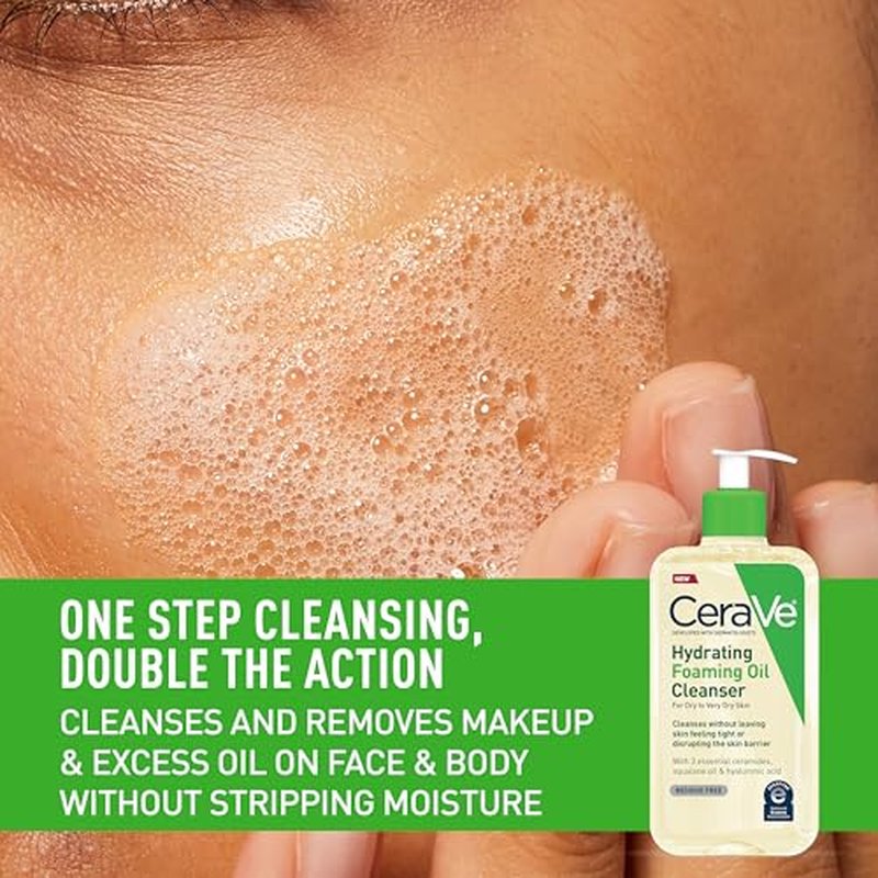 CeraVe Hydrating Foaming Oil Cleanser, Moisturizing Cleanser for Face & Body, Squalane Oil + Hyaluronic Acid + Ceramides, For Dry to Very Dry Skin, Fragrance Free & Residue Free, 8 FL Oz