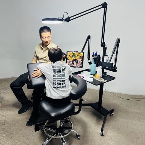 Tattoo Workstation Multi-Function Console, Tattoo lamp, Double Stand with lamp Tattoo Tray Trolley, Adjustable Height Magnetic Tray