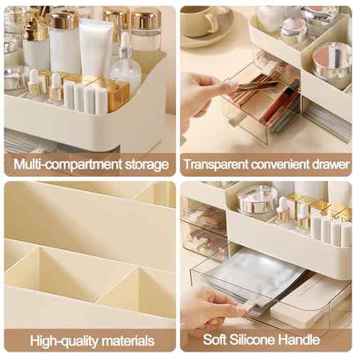 DASITON Makeup Organizer with 3 Drawers,Skincare and Cosmetics Organizer Countertop,Makeup Organizers and Storage with Brush Holder,Large Cosmetic Display Case for Vanity,Desk,Bathroom,Bedroom(Cream)