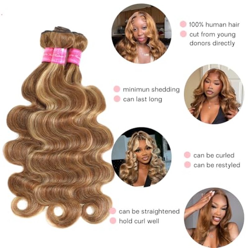 Body Wave Bundles Human Hair 4 Bundles Wavy Human Hair Bundles 14 16 18 20 Inch 100% Unprocessed Virgin Brazilian Hair Bundles Highlight Hair Weave For Women