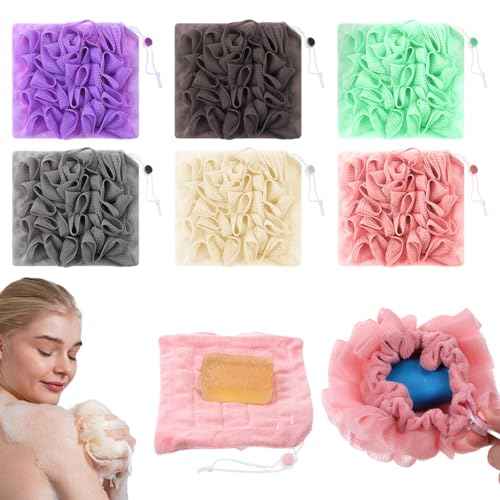 6 Pack Soap Bar Loofah, 2 in 1 Loofah Washcloth Combo, Bath Sponge with Drawstring, That Holds Bar Soap for Cleansing and Smooth Skin (6 Colors, 6.7 x 6.7 Inch)