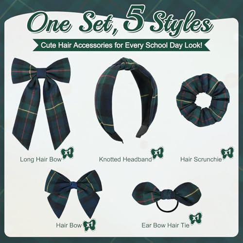 DEEKA 5 Styles Uniform Plaid Long Tail Hair Bows Knotted Headband Scrunchies Bow Set Alligator Clips Back to School Accessories for Toddler Little School Girls (Dark Green, Navy, Red&Yellow 5 Styles)