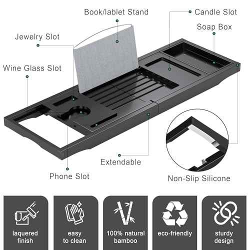 Foldable Bathtub Caddy Tray for Tub,Bamboo Expandable Bath Table Trays,Premium Bathroom Accessories for New Home & Mothers Day & Birthday Gifts for Couples,Black