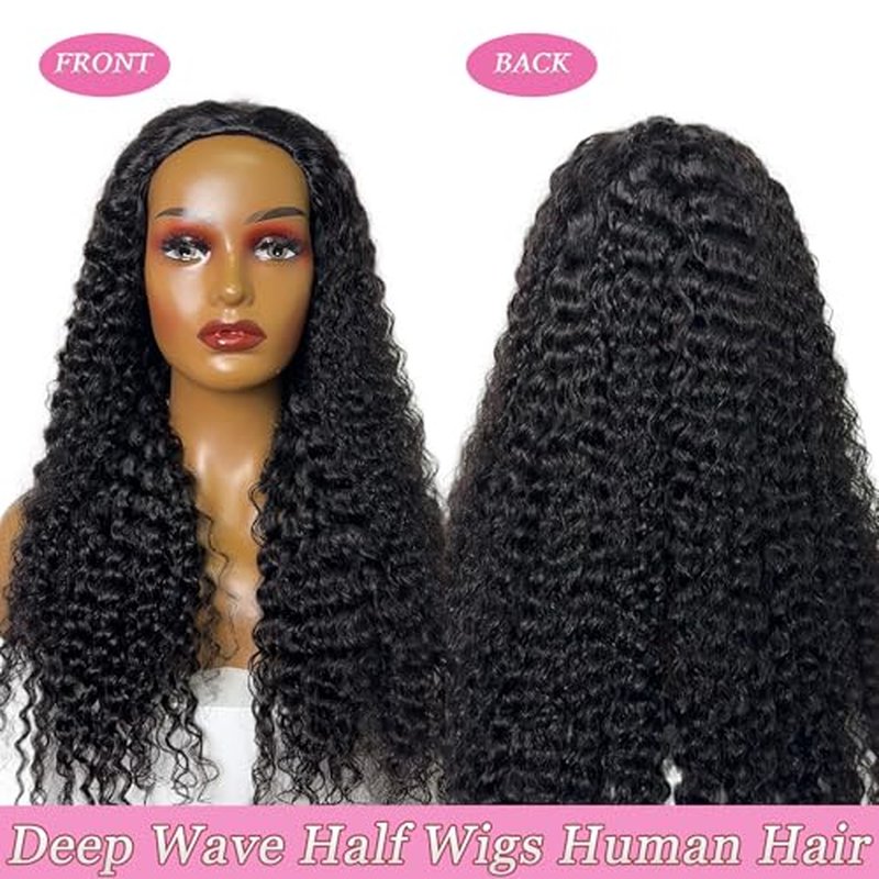 Curly Half Wig Human Hair 180% Density Deep Wave Glueless Wigs Upgrade 3 In 1 Wigs Beginner Friendly Seamless Flip Over Drawstring Curly Wig Ready to Go Headband Wig Natural Black Color 20 Inch