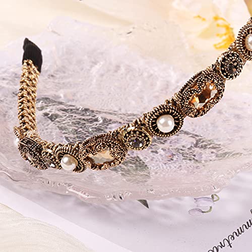 YARN & INK Gold Rhinestone Pearls Headbands for Women Girls, Non Slip Bling Headband Hair Accessories Retro Christmas Gift (Baroque Champagne)