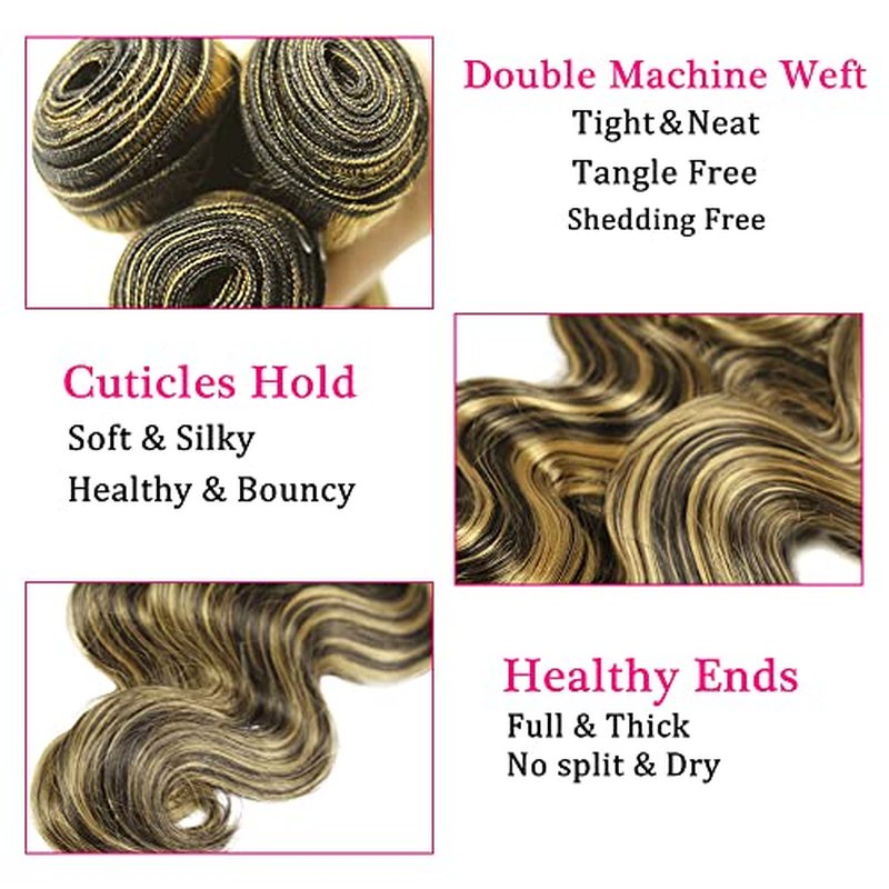 Blonde Bundles Human Hair P1B27 Body Wave Bundles Niegmeag Virgin Remy Hair 3 Bundles 24 26 28 Inch Double Weft Soft and Silky Honey Blonde Bundle Hair Weave