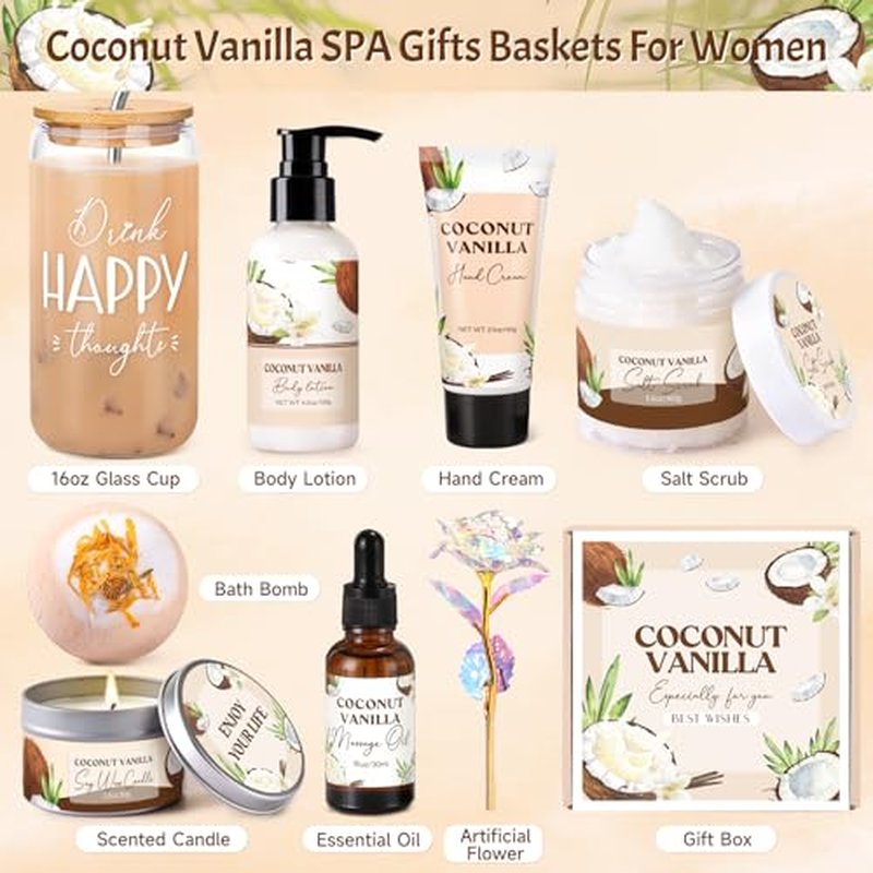 Spa Gift Baskets for Women, Vanilla Coconut Bath and Body Gifts Set for Women, Home Spa Self Care Gift, Relaxing Bath Set for Mom Wife Sister Friends Sister Girlfriend, Mother¡¯s Day Thank You Gifts