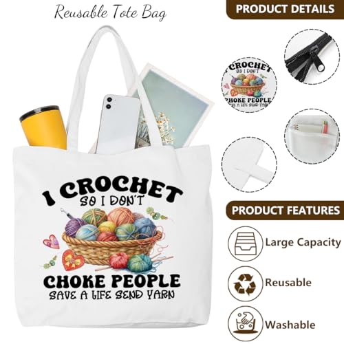 Crochet Knitting Supplies Canvas Tote Bag Makeup Bag Set, Crochet Accessories Gifts for Women Grocery Cosmetic Bags