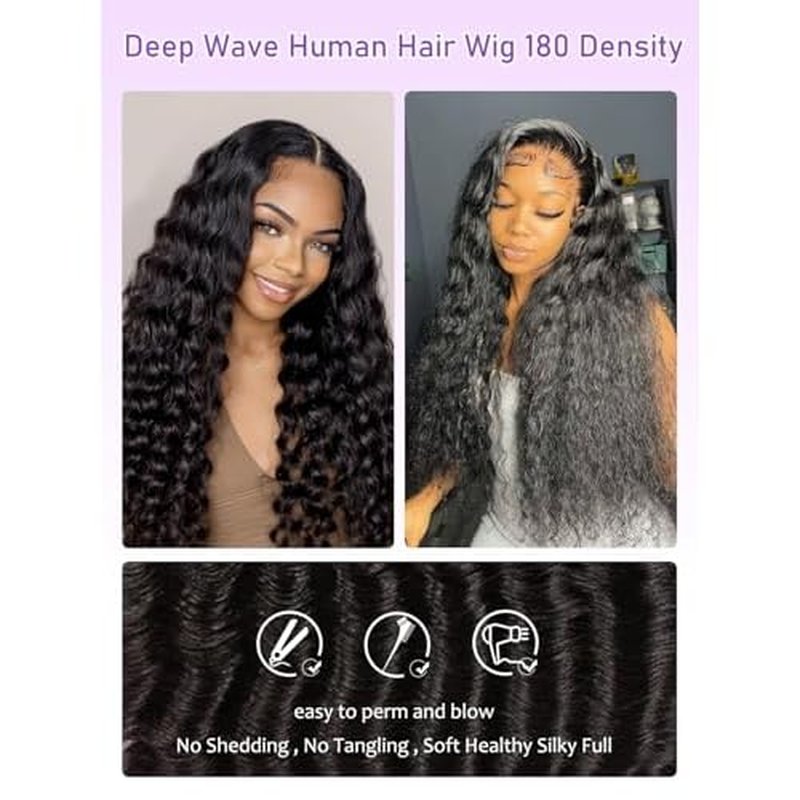 Deep Wave Lace Front Wig 13x6 Soft Remy Virgin Human Hair 180% Density HD Lace Frontal Wigs for Black Women Natural Color Pre Plucked Hairline