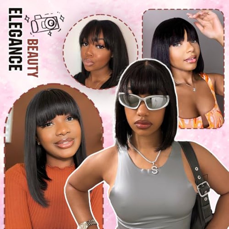 Bob Wig with Bangs Human Hair 200 Density Short Glueless Wigs Ready to Go Straight Bob Bangs Wig for Women Natural Black 14 Inches
