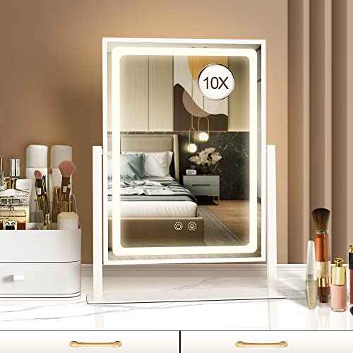 Vanity Mirror with Lights - 13.78"¡¿ 10.23" Adjustable Lighted Makeup Mirror for Desk, Detachable 10X Magnification Mirror, Touch Sensor, Desk Mirror for Bedroom & Dressing Room (White)