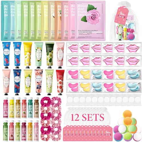 120 PCS Spa Party Supplies for Girls, Spa Party Favors Include Face Masks Skincare, Hand Cream, Lip Balm, Under Eye Patches, Lip Mask, Foot Bath Bombs, Bulk Birthday Sleepover Party Supplies for Women