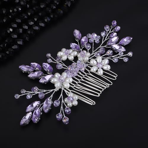 Teyglen Flower Pearl Bride Wedding Hair Comb Purple Crystal Hair Comb Bridal Hair Piece Decorative Hair Accessories for Bride Rhinestone Headpiece for Women Grils (Purple)