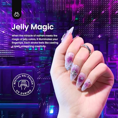 Beetles Jelly Gel Nail Polish Set - Jelly Magic Gel Polish, 6 Colors Pink Red Black Blue Green Purple Halloween Fall Gel Polish Kit Sheer Translucent Effect Soak Off UV Manicure DIY Gift for Women