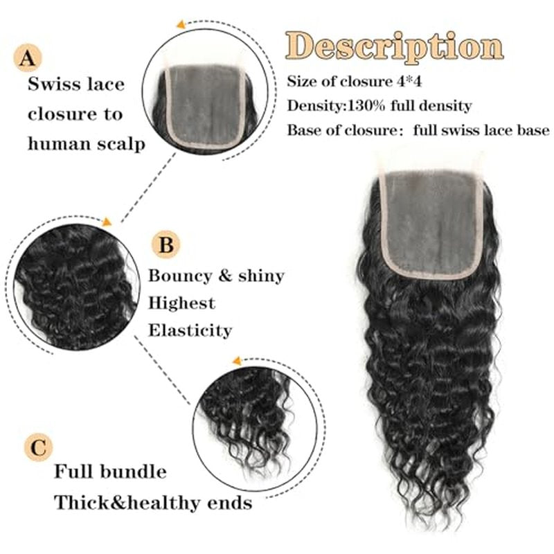 12A Water Wave Bundles with Closure Human Hair (12 14 16+10") 100% Unprocessed Virgin Brazilian Human Hair Wave 3 Bundles with 4¡¿4 Lace Closure Natural Color
