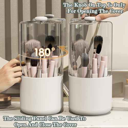 Makeup Brush Holder with Dustproof Cover, Clear 360 Rotating Make Up Brushes Organizer for Counter Vanity Bathroom, White