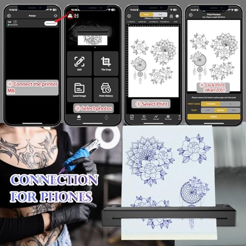 Wireless Tattoo Stencil Printer, Portable Bluetooth Thermal Tattoo Printer with App Custom-Size¡Â?A4, Print Realistic Portraits, 10 Transfer Papers Included, Works for Phone/Tablet/PC - Black