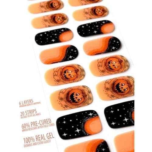Semi Cured Gel Nail Strips, 20 pcs Nail Wraps, Glaze Stickers, Salon Quality French Manicure, Full Decal Gel Polish Strips, Long Lasting SCG, Easy on, UV Required (Wicked Pumpkin)