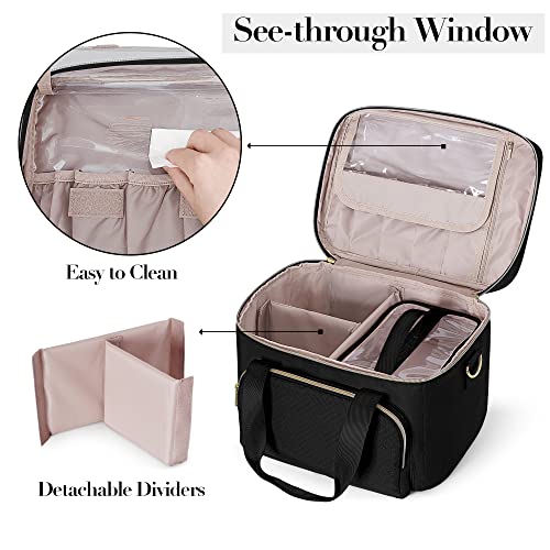 Travel Makeup Bag with 2 Pouches and Adjustable Dividers, Large Cosmetic Case Make up Organizer for Women Fits Bottles Vertically, Black (Patented Design)
