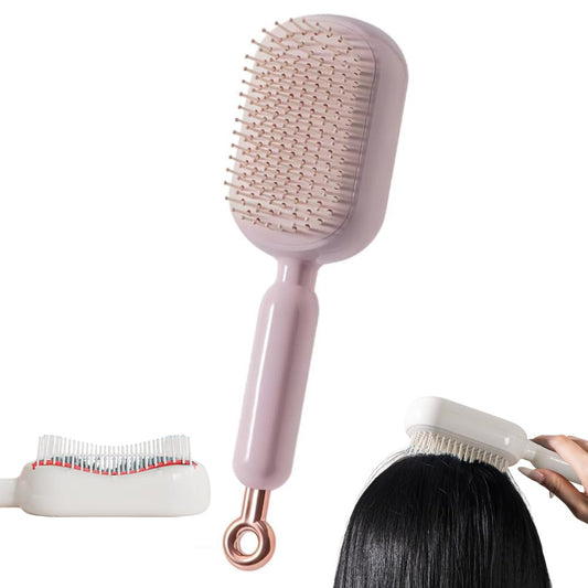 Retractable Cushion Massage Comb, 2026 New Hair Brush With Retractable Bristles Hair Comb Retractable Detangling Self Cleaning Hair Brush for Women (Pink)