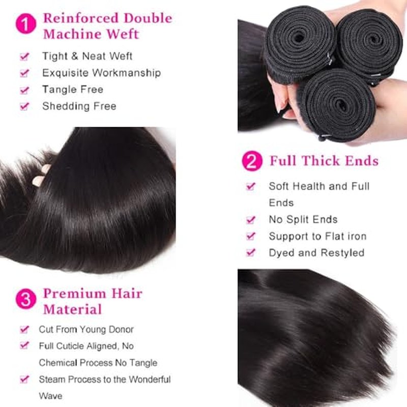 12A Straight Bundles with Closure Human Hair 18 20 22+16 Inch 100% Unprocessed Virgin Brazilian Straight Human Hair Weave 3 Bundles Deals with 4x4 HD Lace Closure