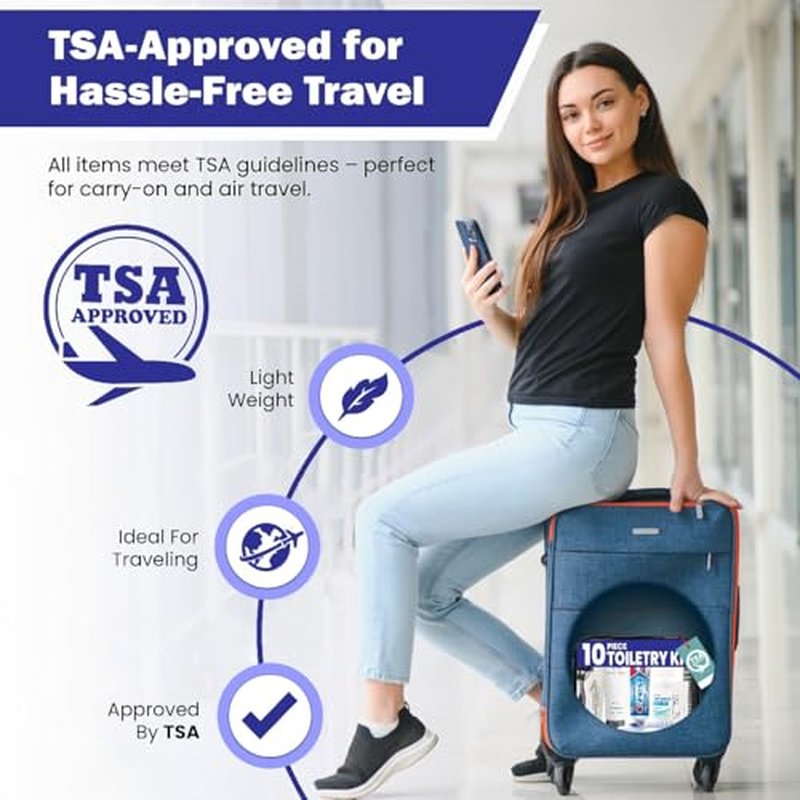 Trektote Travel Toiletry Kit For Men And Women ? 10 Piece Set of Travel Size Toiletries, TSA Compliant, Includes Body Wash, Deodorant, Shaving Cream And Razor, Oral Care, Reusable Toiletry Bag & More