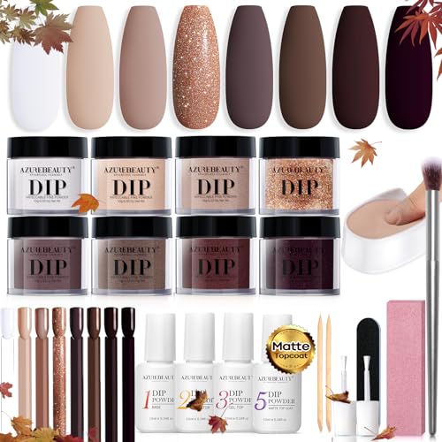AZUREBEAUTY 30Pcs Dip Powder Nail Kit Starter, 8 Colors Fall Nude Brown Glitter Purple Nude with Nail Sticks, Nail Art Liquid Set with Matte/Base/Top Coat Activator for French Manicure Salon