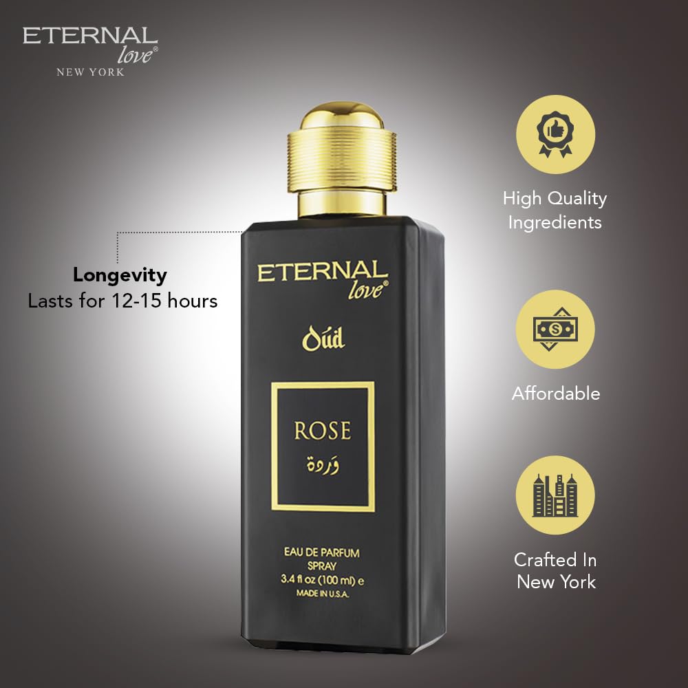 Eternal Love Rose Oud - Long Lasting Unisex Eau de Parfum - Romantic Floral Oriental Fragrance with Oud & Rose - Dubai Inspired Arabic Scent - 3.4oz