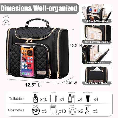 Travel Toiletry Bag for Women, Hanging Toiletry Bag, Bathroom Bag Portable Shower Caddy for College Dorm Travel Shower Bag for Women Water-Resistant Cosmetic Makeup Bag (Black)