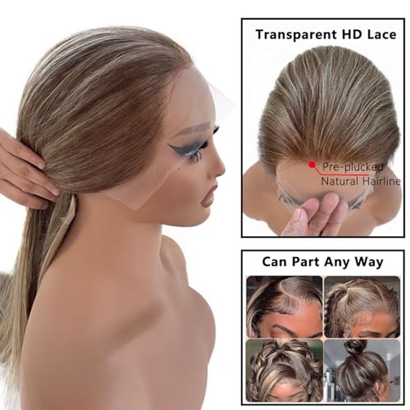 13*6 Ombre Lace Front Human Hair Wigs,6/6P18 Highlight HD Lace Front Real Brazilian Straight Wig for Women,Light Brown to Brown with Ash Blonde,Pre Plucked Natural Hairline with Bleached Knots